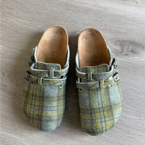 Birkenstock Birkis Boston Green Tartan Plaid Wool Clogs